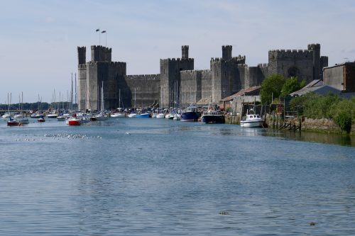 Looking across a harbour to a large castle. There are a number of small boats on the water.