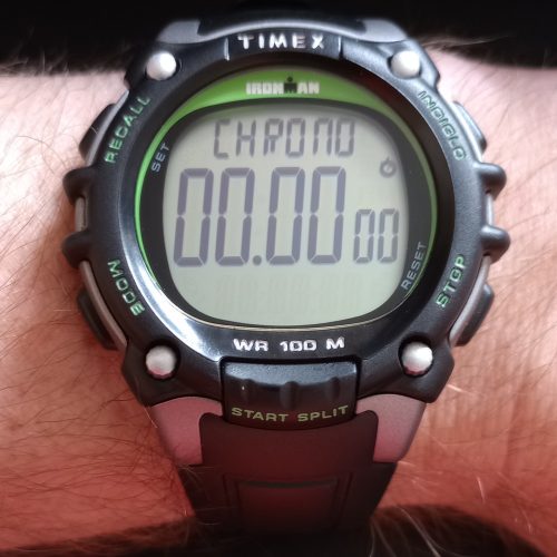 A Timex Ironman watch in Chrono mode.